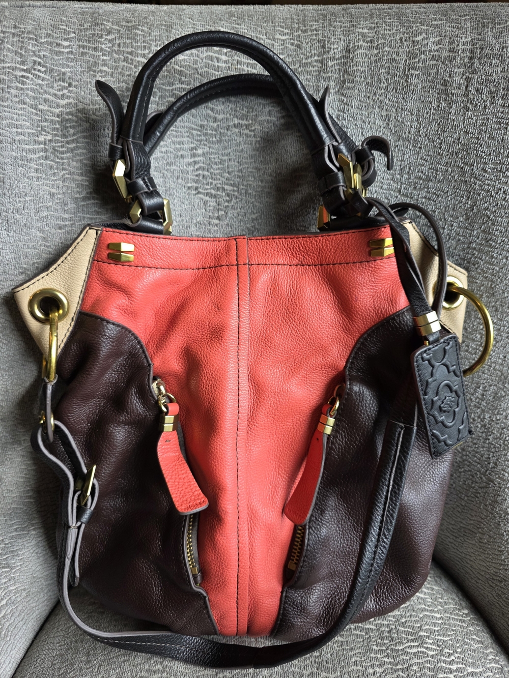 orYANY Victoria Dove Colorblock Tote Handbag Red/Brown Genuine Italian Leather